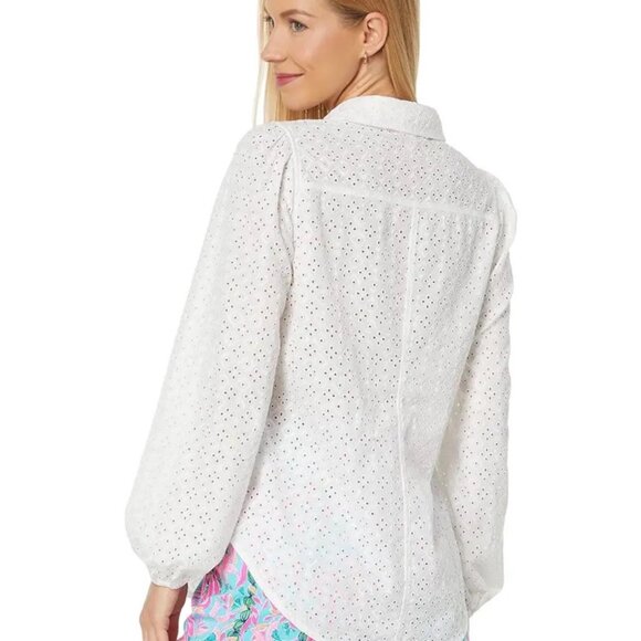 Lilly Pulitzer Eyelet Button Down Blouse XL | Coastal Resort Spring Top - Picture 11 of 12